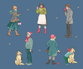 Standing isolation  people enjoying hot drinks on Christmas market, vendor in apron, women,  men, kid with dog