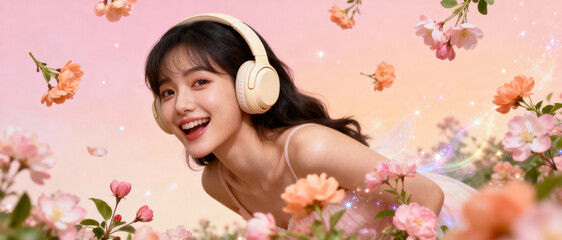 Smiling asian woman with headphones surrounded by flowers in a dreamy and ethereal setting