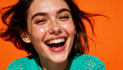 Cheerful young woman with freckles laughing against an orange background in a studio setting