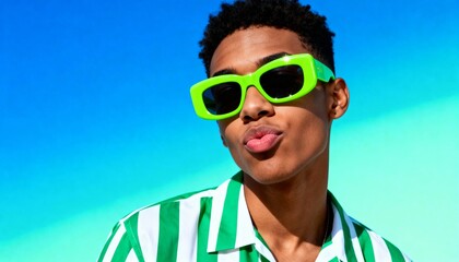 Young man with green sunglasses and striped shirt making a kiss face against a blue sky background