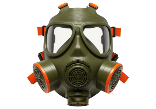Isolated olive-green gas mask with orange accents, safety equipment for dangerous environments
