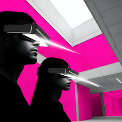 Couple experiencing virtual reality with futuristic vr headsets