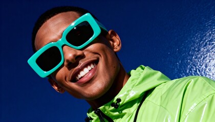 Cheerful young african american man in green sunglasses and jacket smiling against blue background