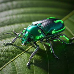 Futuristic beetle with glowing circuit patterns on a leaf