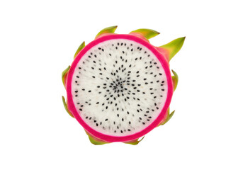 Isolated half of dragon fruit, showing the interior texture and vibrant pink rind, whole and fresh