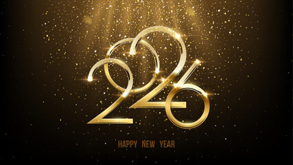 2026 Happy New Year greeting card vector background. Luxury festive sparkle holiday postcard, invitation, banner. 2026 golden numbers with falling confetti and glow light effects on black.