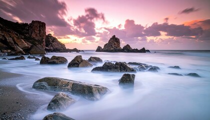 A tranquil beach scene at dawn, with smooth, misty ocean waves gently flowing around large rocks and a colorful, cloud-filled sky.