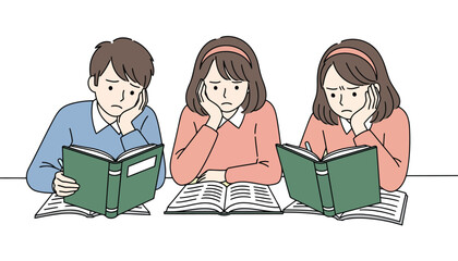 Students struggling with exams in a classroom feel overwhelmed by study