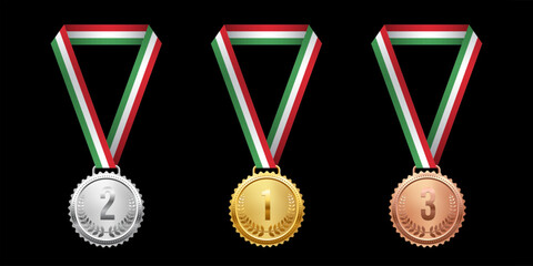 Naklejka premium Gold, silver, and bronze medals. Realistic 3D award medals with ribbons, symbolizing first, second, and third place in sports, competitions, and athletic events. Vector illustration