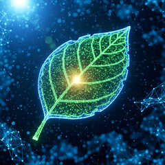 Digital leaf with glowing veins on a dark blue background