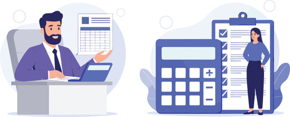 Business Accounting and Planning Vector Illustration: Professional Man Working on Laptop and Woman Checking Financial Checklist with Giant Calculator.