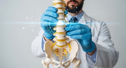 Doctor in White Coat Examines Spine Model with Blue Gloves and Digital Overlay
