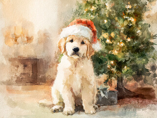 Watercolor illustration features a puppy in a Santa hat, sitting near a decorated Christmas tree, creating a festive atmosphere