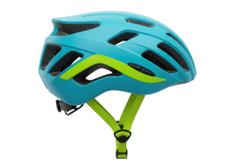 Isolated blue and lime bike helmet offering protection and safety during cycling activities outdoors