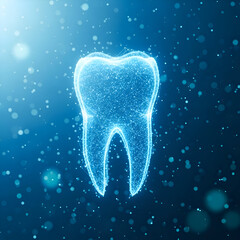 Digital tooth with glowing particles on a blue gradient background