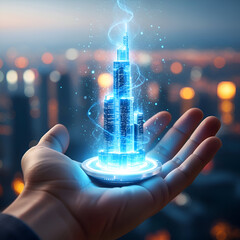 Futuristic building hologram held in hand against city backdrop
