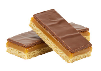 Isolated Caramel Squares, Millionaire's Shortbread, Cookie Bars, Biscuit Bars with Chocolate Frosting