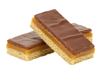 Isolated Caramel Squares, Millionaire's Shortbread, Cookie Bars, Biscuit Bars with Chocolate Frosting