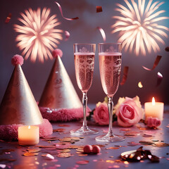 Elegant New Year Celebration with Champagne Glasses, Party Hats, Confetti and Fireworks.