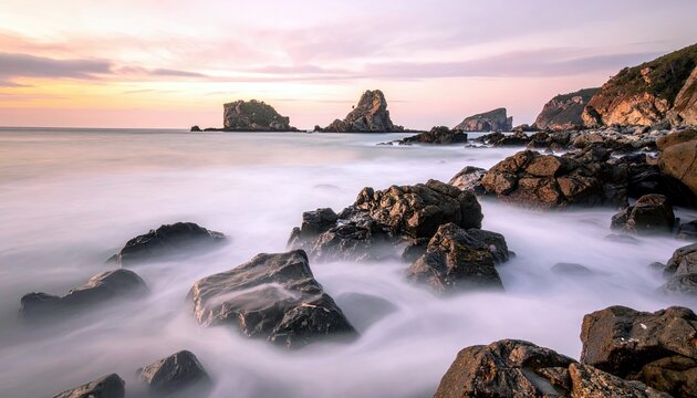 A tranquil coastal scene featuring dark, wet rocks in the foreground with the ocean water creating a misty, ethereal effect, under a soft pastel sunset sky.