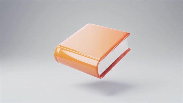 A minimalist 3D rendering of a closed orange book floating in a clean, bright, and simple grey studio environment.