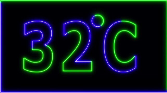 Neon 32&deg;C temperature display showing on black background. Weather temperature displays by degree, climate change, Scientific designs.