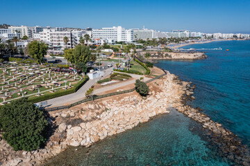 Hotels and shore in Protaras tourist resort, Paralimni Municipality, Cyprus
