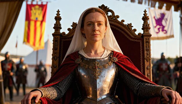 Queen Isabella I on Throne with Castile and Aragon Flags &ndash; Cinematic Royal Scene