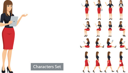 Business Woman Character Animation Sprite Sheet: Vector Set with Various Poses, Gestures, Standing, Sitting, Walking, and Using Tablet for Game or Presentation.