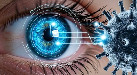 Blue Human Eye with Digital Interface and Coronavirus Cell