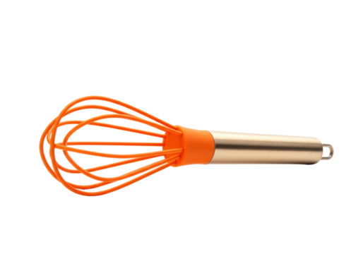 Isolated orange whisk with stainless steel handle for culinary uses and home baking needs