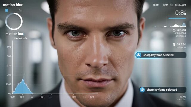 Professional man in a suit focuses intently on digital interface, showcasing motion blur effects and data analysis, illustrating the progression of visual technology in a modern workspace