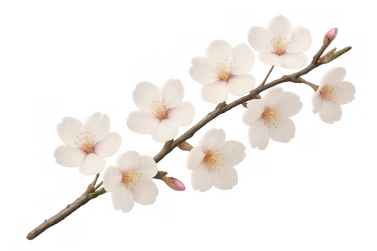 Cherry blossom branch with white sakura flowers and developing pink buds blooming in spring on a transparent background