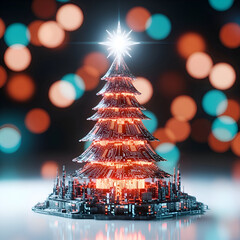 A futuristic christmas tree made of circuit boards and lights