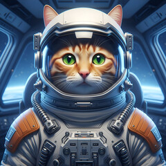 A cat astronaut in a spaceship with earth in the background