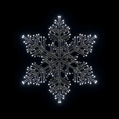 A digital snowflake design with intricate circuit board patterns