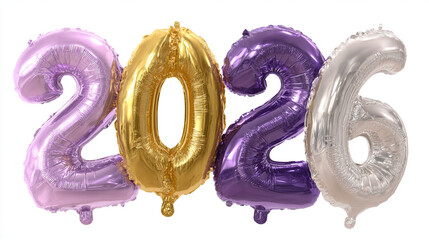 A close up of foil balloons spelling out the year twenty twenty six on a white background