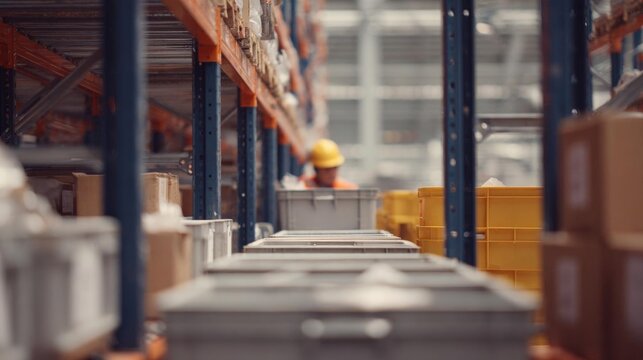 Large warehouse with rows of shelves and racks. the shelves are filled with boxes and containers of various sizes and colors.