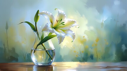 Luminous watercolor painting: white lily in clear vase on wood. Soft light, blurred blue, green, yellow background. Peaceful, elegant. Wallart, greeting card