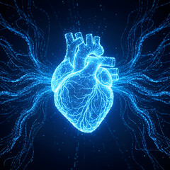Radiating blue human heart with energy on a dark background