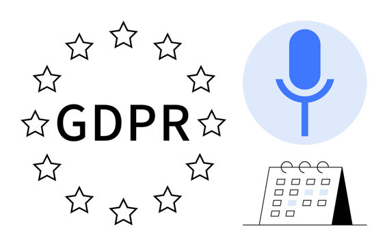 GDPR text encircled by stars, microphone icon in blue circle, and scheduling calendar. Ideal for privacy, data security, compliance, audio recording, legal policies planning transparency. Simple