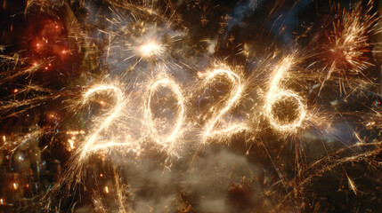 The year two thousand and twenty six written in sparklers with fireworks in the background at night time