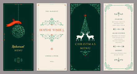 Naklejka premium Christmas floral templates 4x9. Universal Winter Holiday cards with decorative Christmas Tree, Christmas ornament, reindeers, ornate frames with copy space and greetings.