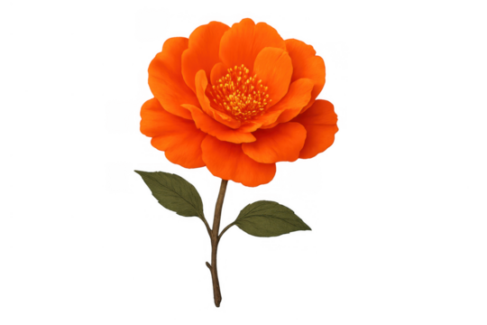 Orange blossom illustration with green leaves, depicting a vibrant floral design on a transparent background