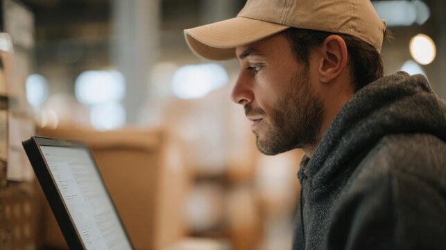Young man wearing a beige baseball cap and a gray hoodie. he is looking intently at a tablet computer screen in front of him.