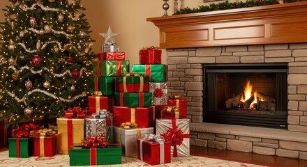 Christmas presents stacked on floor beside glowing fireplace and tree