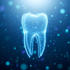 Digital tooth illustration with glowing particles on a blue backdrop