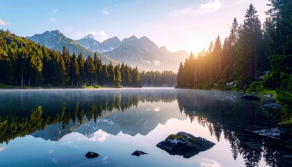 A calm lake reflects a misty sunrise over a forest of pine trees and distant snow-capped mountains.