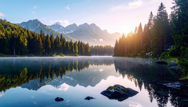A calm lake reflects a misty sunrise over a forest of pine trees and distant snow-capped mountains.