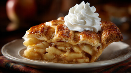 A close up shot of a slice of apple pie with a lattice crust and whipped cream on a white plate christmas and happy new year background 